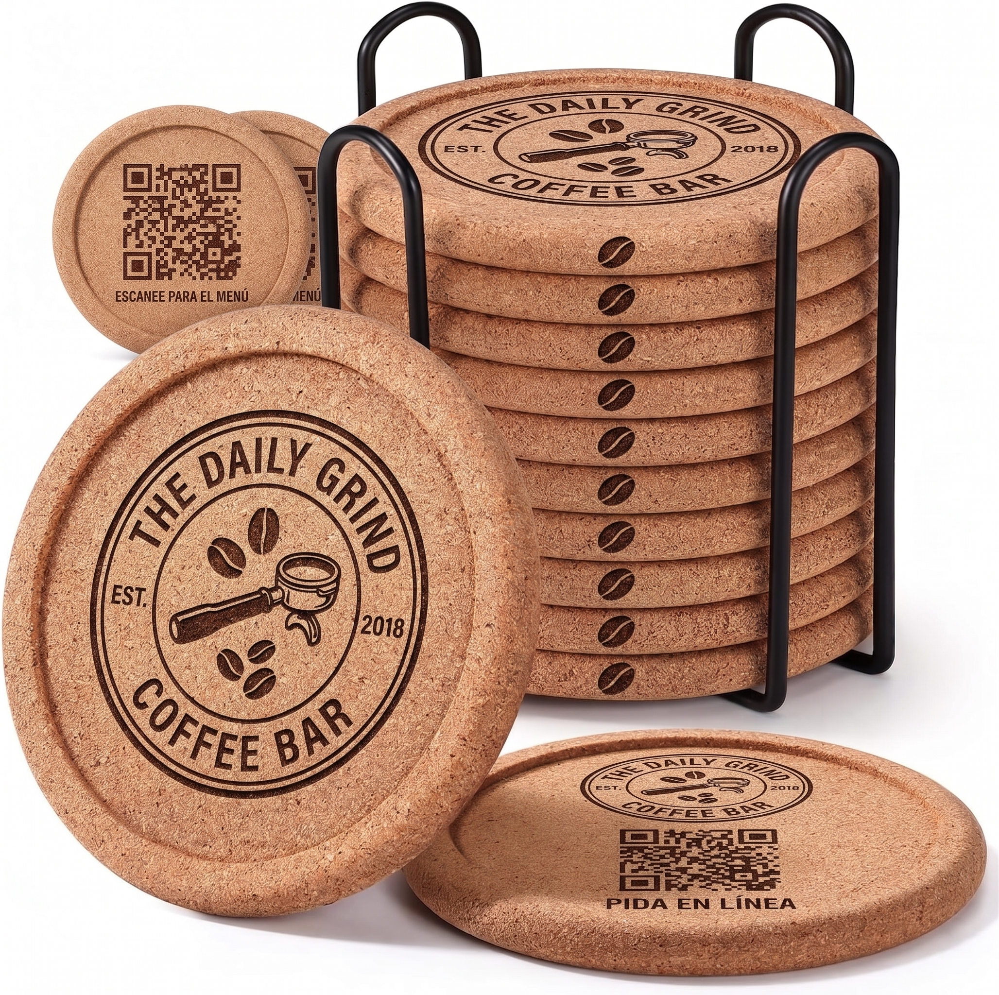 Set de Posavasos en Rack con QR de Tarjeta de Fidelización
